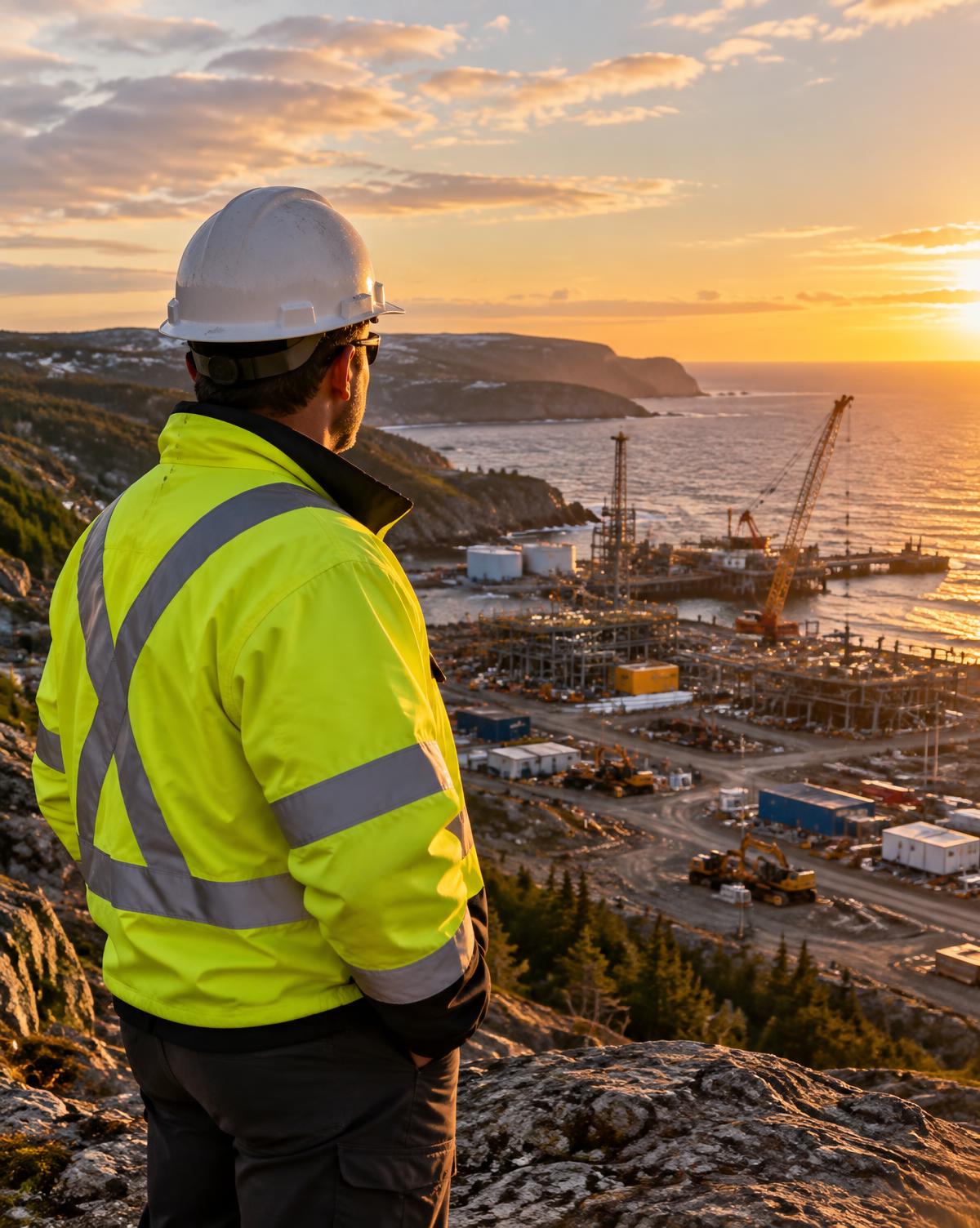 Safety manager overlooking a major coastal industrial project at sunset