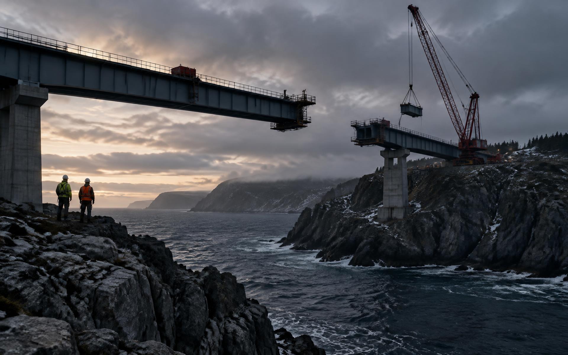 Bridge construction above the Newfoundland coastline at dusk with two workers in high-visibility gear