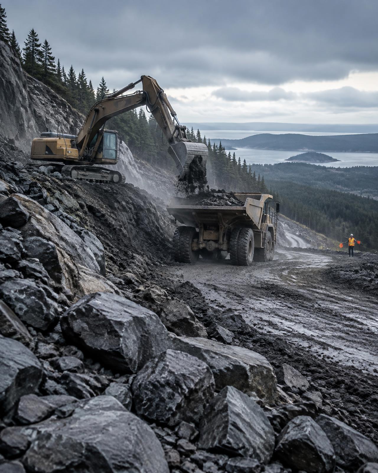 Excavator on a coastal road cut
