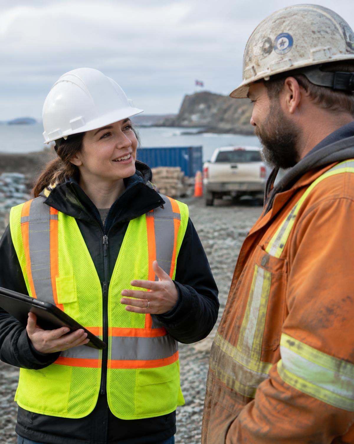 Safety professional talking with a worker on a coastal Newfoundland site