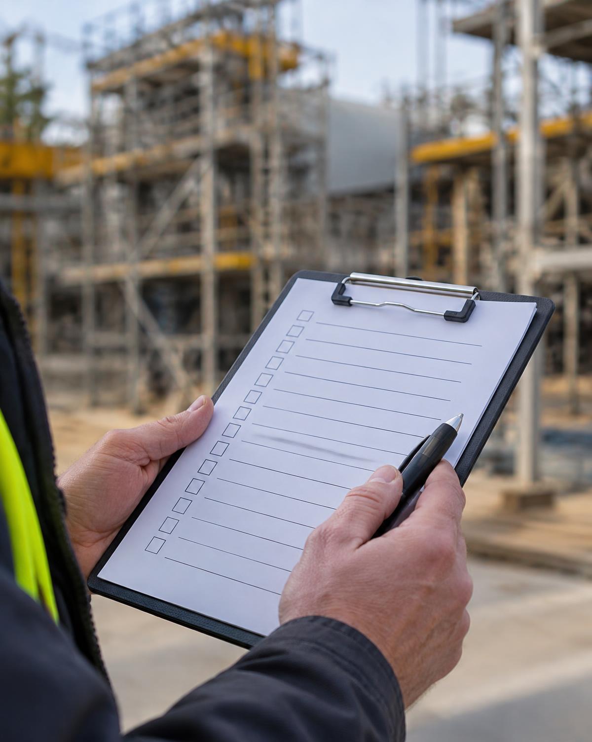 Safety auditor holding a checklist on a site with scaffolding