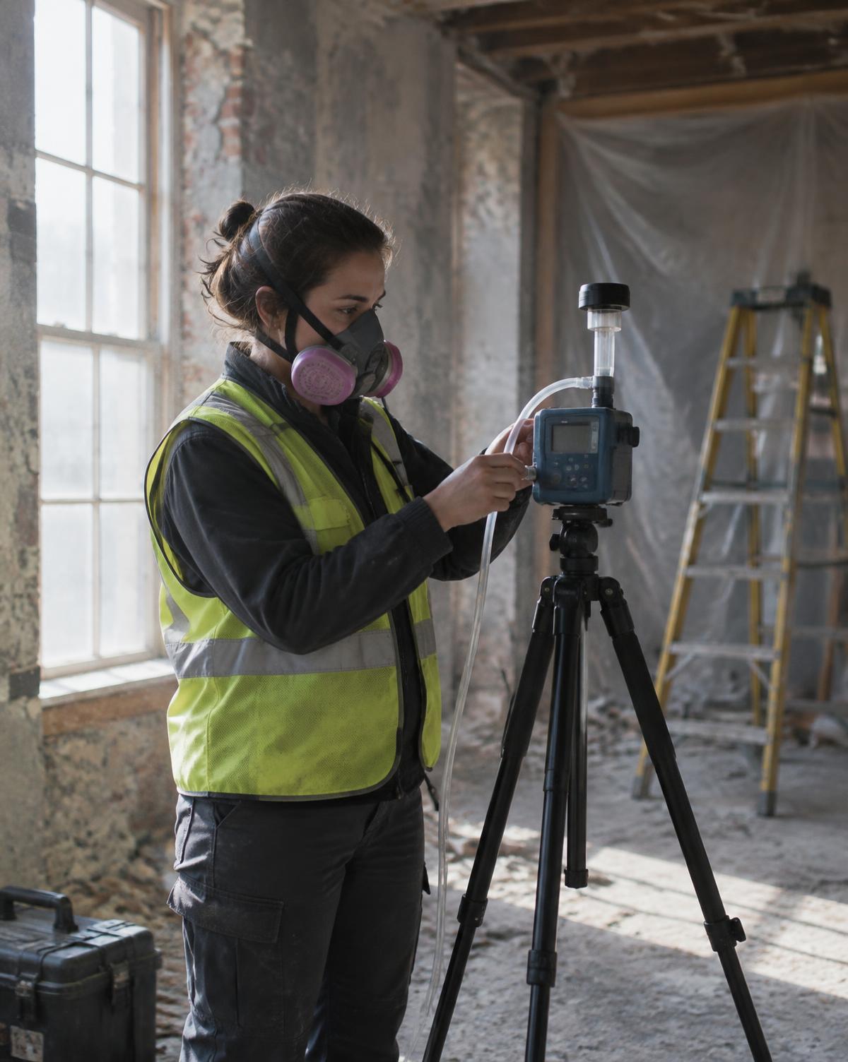 Air monitoring pump being set up inside a building under renovation