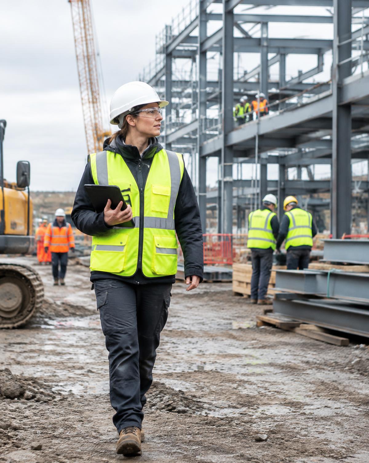 Safety advisor walking an active steel-frame construction site